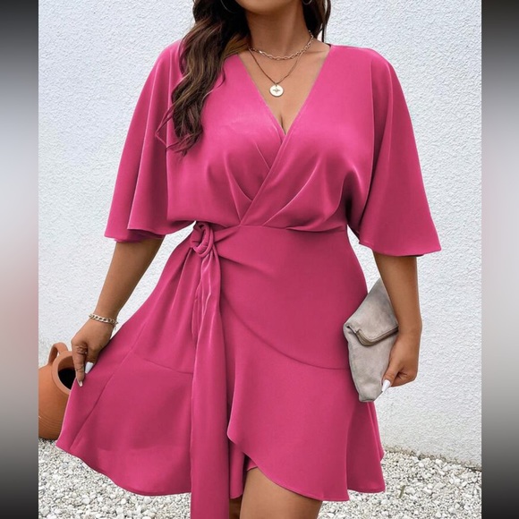 Plus solid Batwing Sleeve Ruffle Hem Mini Dress - Picture 5 of 9